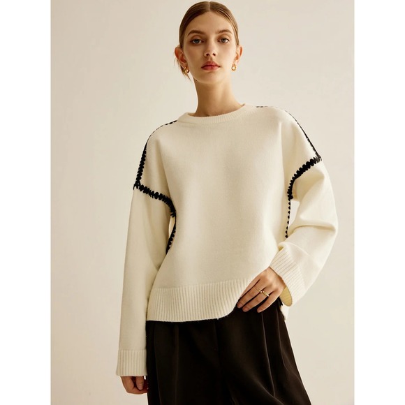 Commense Oversized Cream Knit Sweater Black Trim Long Sleeve Pullover Crew XS - Picture 1 of 6
